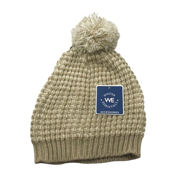 Winter Essentials Accessories - Winter Essentials Women's One Size Beige/White Knit Beanie Hat With Pom New